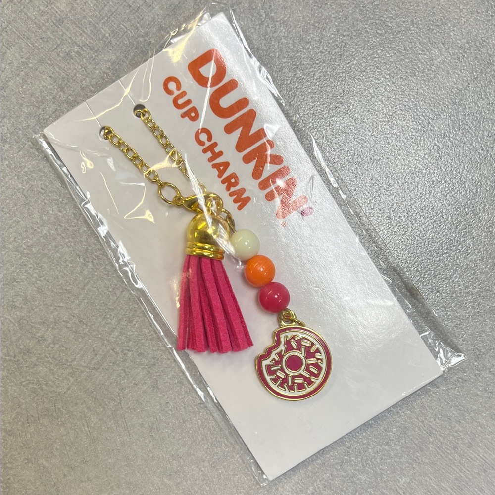 Dunkin’ Donuts cup charm with donut charm and tassel, gold NEW!